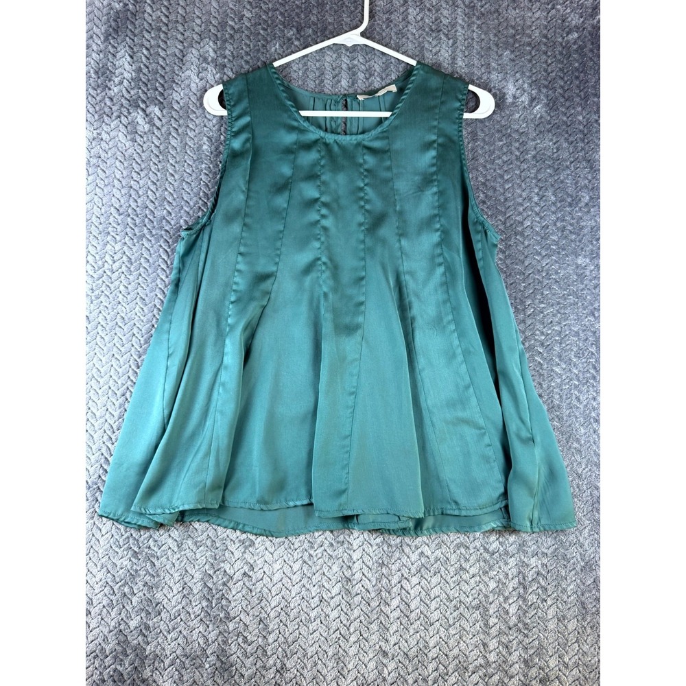 Anthropologie Eri + Ali Blouse Tank Top Womens Large Green Pleated Round Neck